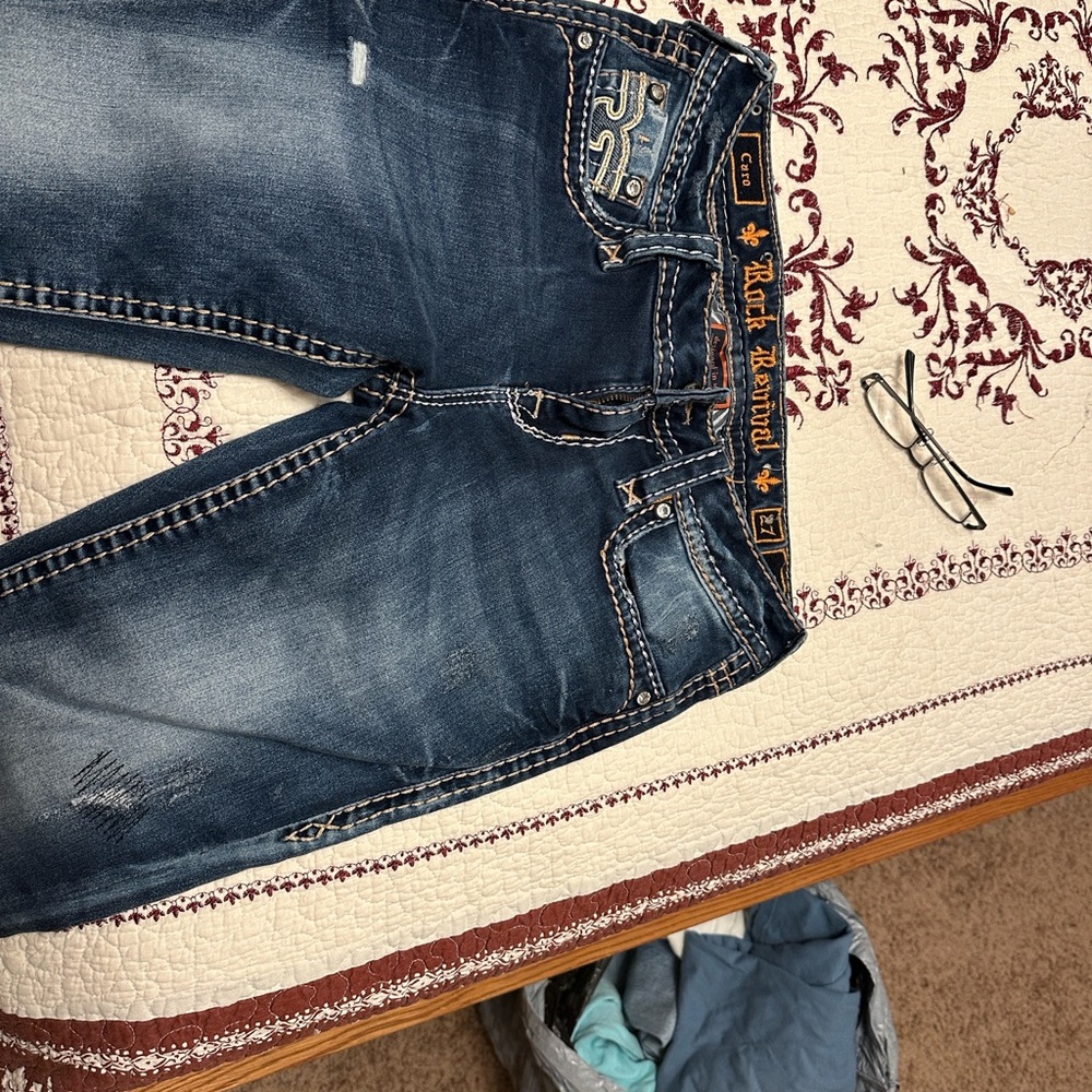 Rock Revival Blue Crop Jeans with Gold Stitching